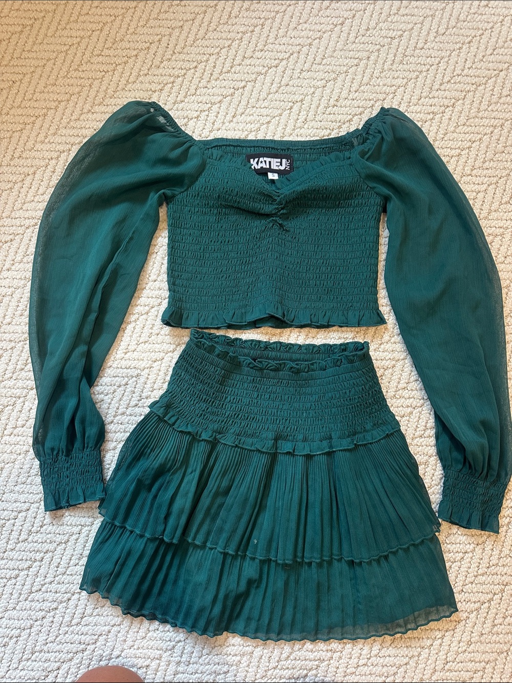 Katie J NYC Emerald Green Smocked Two-Piece Skirt Set